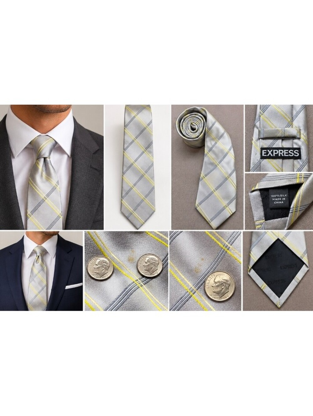 Express Men’s 100% Silk Tie Gray Yellow Plaid Check Necktie